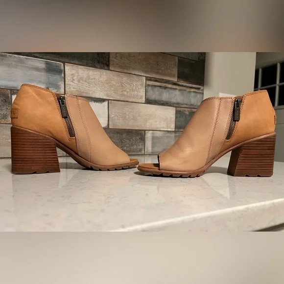 Sorel Nadia Leather Peep Toe Block Heel Ankle Bootie Sandals - Picture 5 of 13